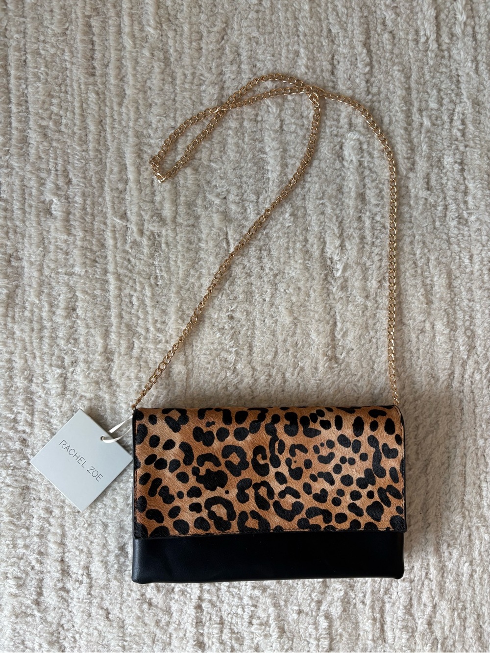 BNWT Rachel Zoe CALF HAIR Leopard-Print Flap Crossbody - chain strap detachable